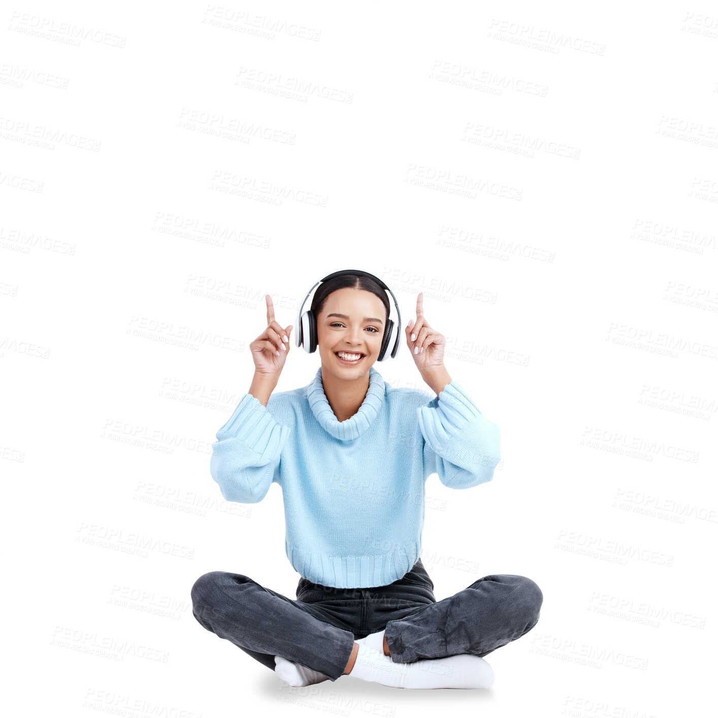 Buy stock photo Portrait, headphone and happy with woman or point up in png or isolated and transparent background. Girl, positive and face with music or showing gesture with promotion or sale for audio or sound.