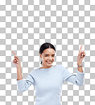 Mock up woman, portrait smile and pointing up at sales promotion, advertising copy space or discount deal mockup. Brand commercial, marketing studio or product placement female on white background