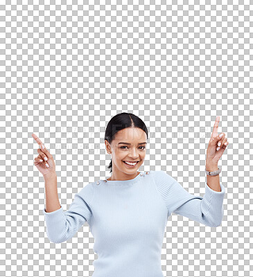 Buy stock photo Woman is pointing up, advertising and presentation with opportunity and news isolated on png transparent background. Female person, offer and deal with marketing, branding promo and announcement