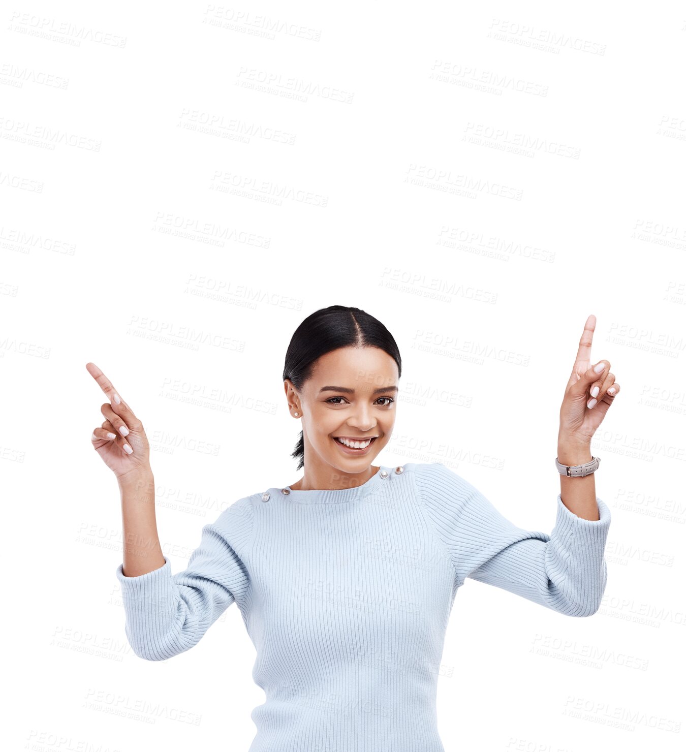 Buy stock photo Woman is pointing up, advertising and presentation with opportunity and news isolated on png transparent background. Female person, offer and deal with marketing, branding promo and announcement