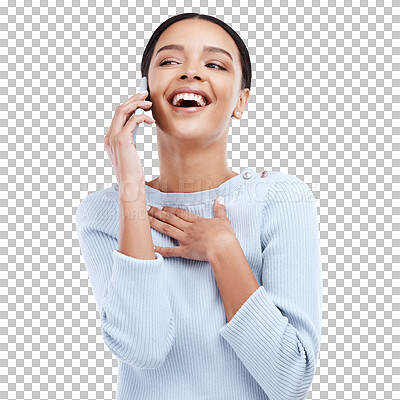 Woman with phone call, laughing and happiness with communication isolated on white background. Technology, smartphone and female having funny conversation with laughter, fun and carefree with contact