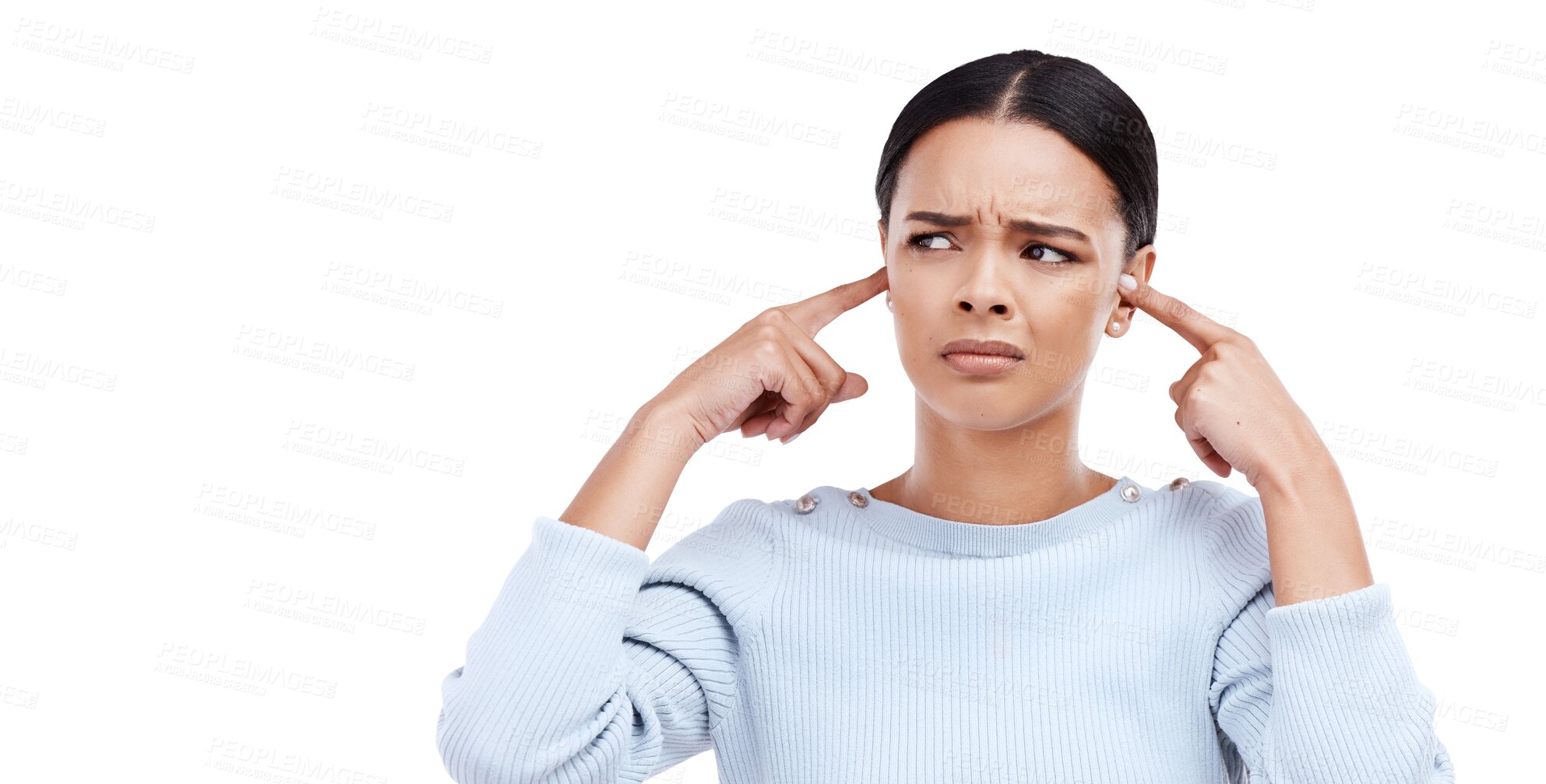 Buy stock photo Annoyed, woman and finger in ears for noise, loud and denial gesture isolated on a transparent PNG background. Frustrated Female person, face or angry girl with complaint, ignoring or deaf and wtf