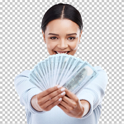 Buy stock photo Dollars, woman and money fan with financial freedom, winning and bonus isolated on transparent png background. Cash prize, female winner and reward with finance, achievement and happy with cashback