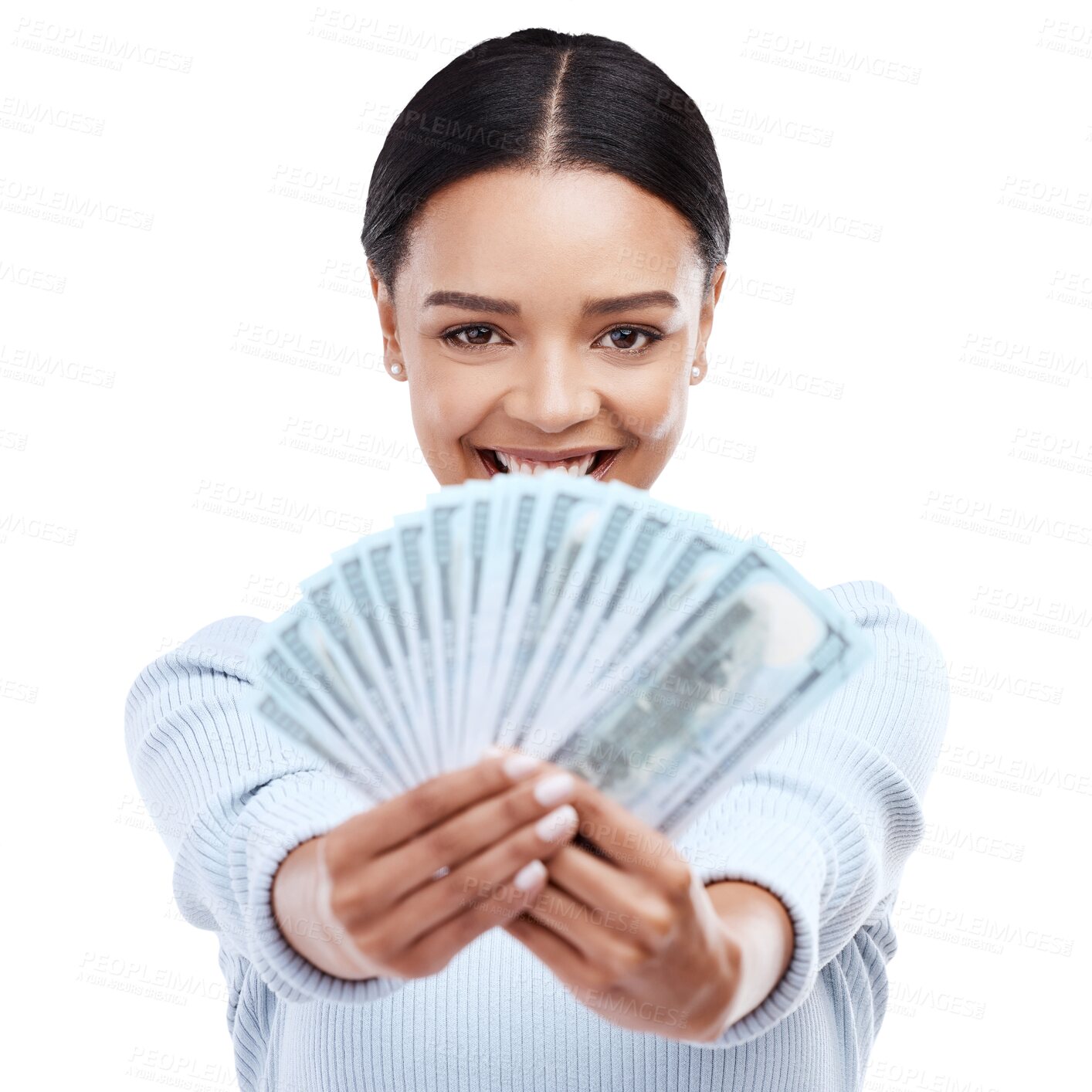 Buy stock photo Dollars, woman and money fan with financial freedom, winning and bonus isolated on transparent png background. Cash prize, female winner and reward with finance, achievement and happy with cashback