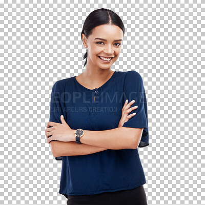 Portrait, business and woman with smile, arms crossed and consultant isolated on a white studio background. Face, female employee and happy entrepreneur with happiness, growth and leadership skills
