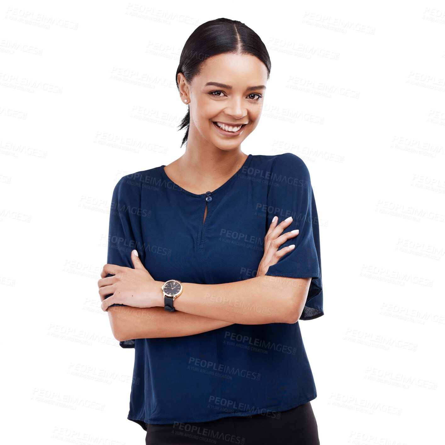 Buy stock photo Portrait, smile and professional, woman with arms crossed  in png or isolated and transparent background with secretary. Success, positive and face with female person with confidence or happiness.