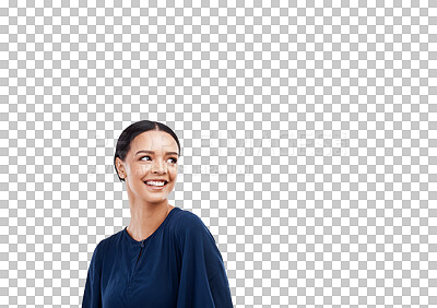Buy stock photo Happy woman, smile and thinking in wonder or vision standing isolated on a transparent PNG background. Female person looking away in decision, choice or happiness for career ambition, job or dream