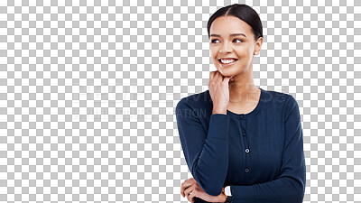 Buy stock photo Thinking, brainstorming and young woman planning a decision, problem solving solution with casual. Question, ideas and female person with memory face expression isolated by transparent png background