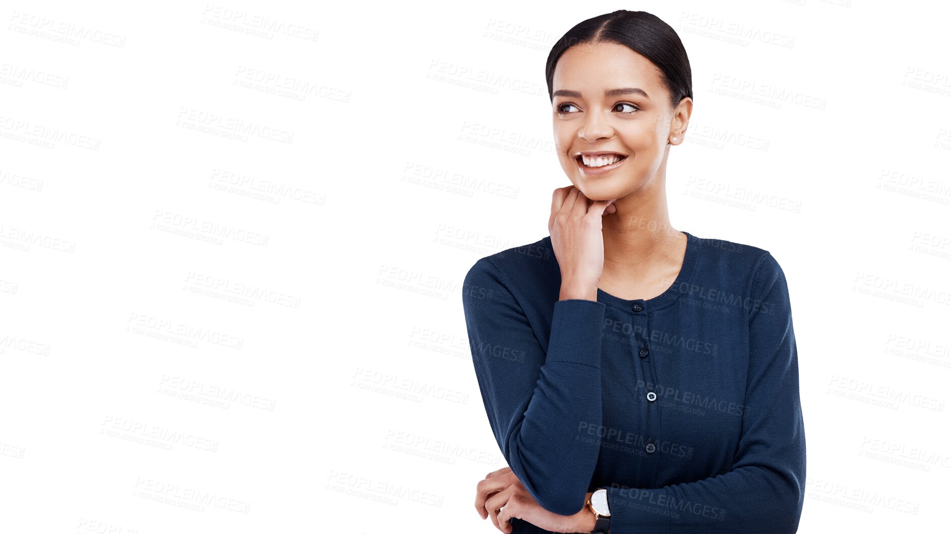 Buy stock photo Thinking, brainstorming and young woman planning a decision, problem solving solution with casual. Question, ideas and female person with memory face expression isolated by transparent png background