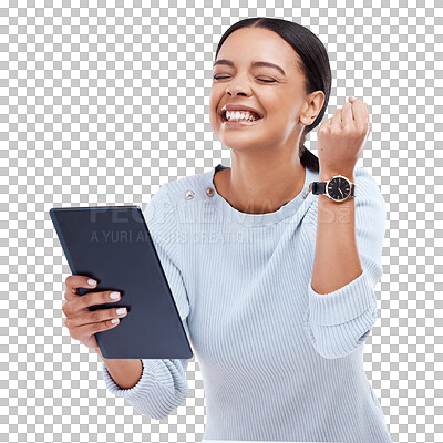 Fist pump celebration, tablet winner and happy woman celebrate victory news, winning achievement or profit success. Cheers, bonus salary announcement and excited studio person on white background