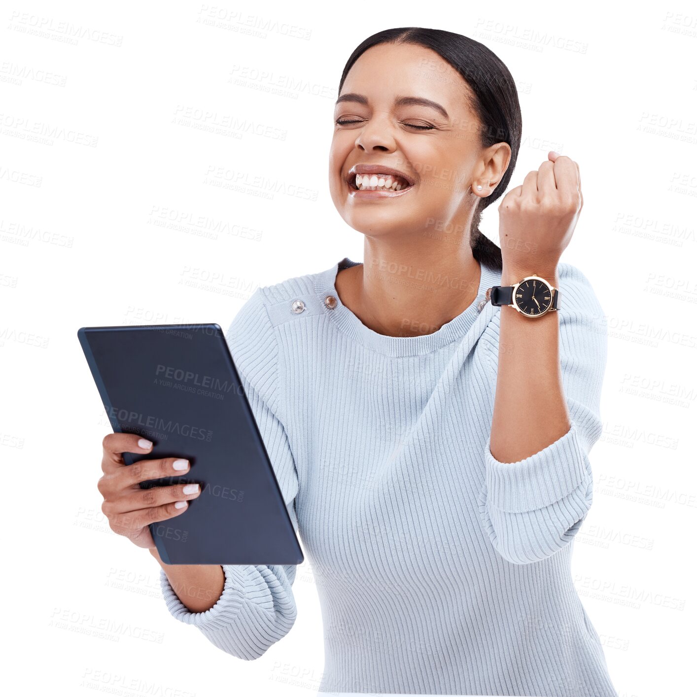 Buy stock photo Tablet, winning or happy woman with success, goals or bonus isolated on transparent png background. Online gambling, good news or excited girl in celebration for victory announcement or notification 