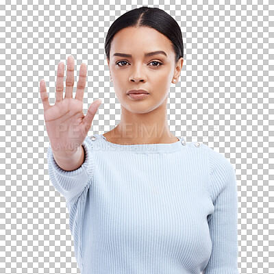 Stop, hand and warning with portrait of woman in studio for protest, opinion and fight. Sign, voice and rejection with female isolated on white background for protection, defense and prohibition