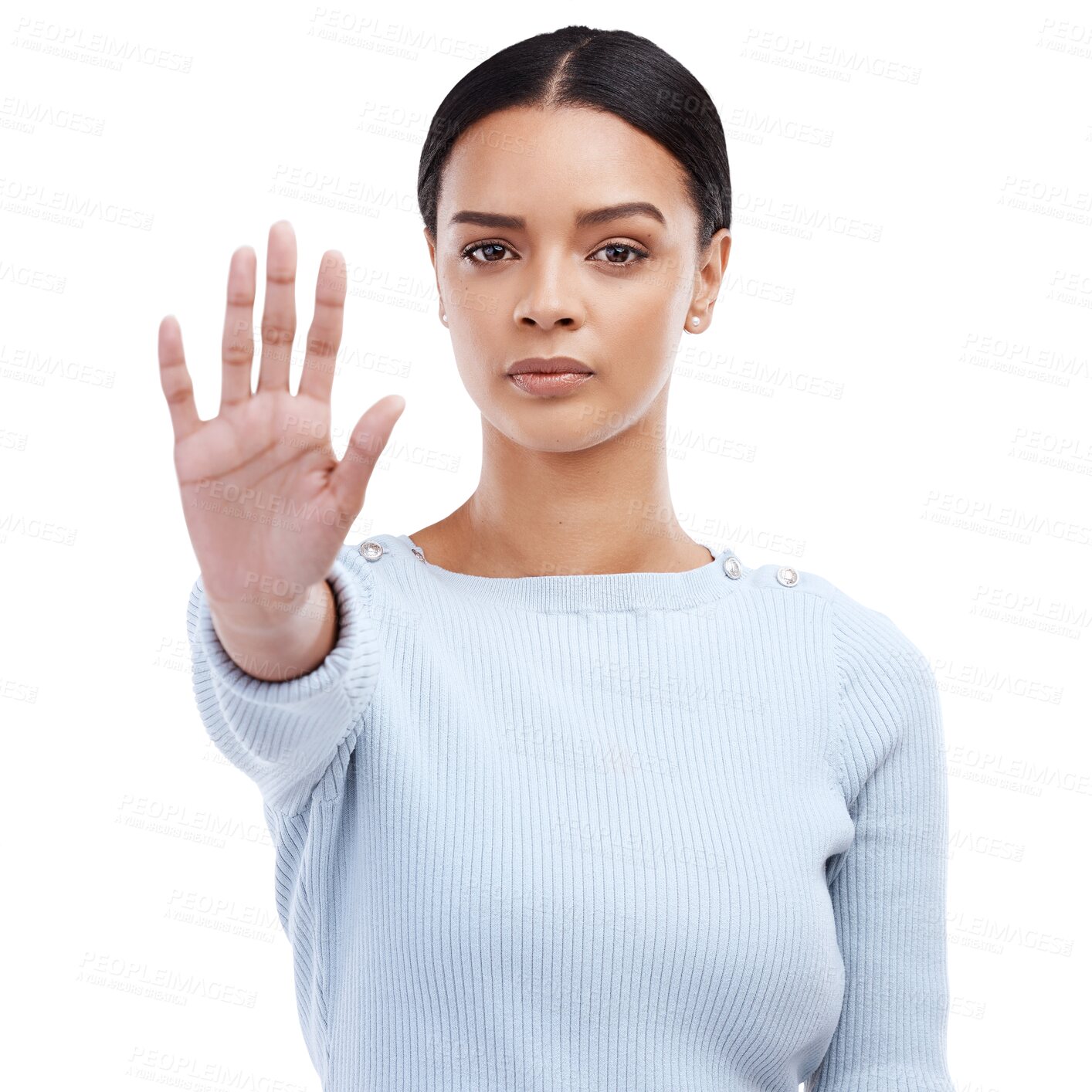 Buy stock photo Palm, stop and portrait, serious woman and caution with warning and danger isolated on png transparent background. Hand, gesture and female person, censored and no sign with protest and block