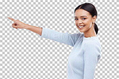 Mock up, portrait smile and woman point at sales promotion, advertising copy space or discount deal mockup. Brand commercial, marketing studio gesture or product placement female on white background