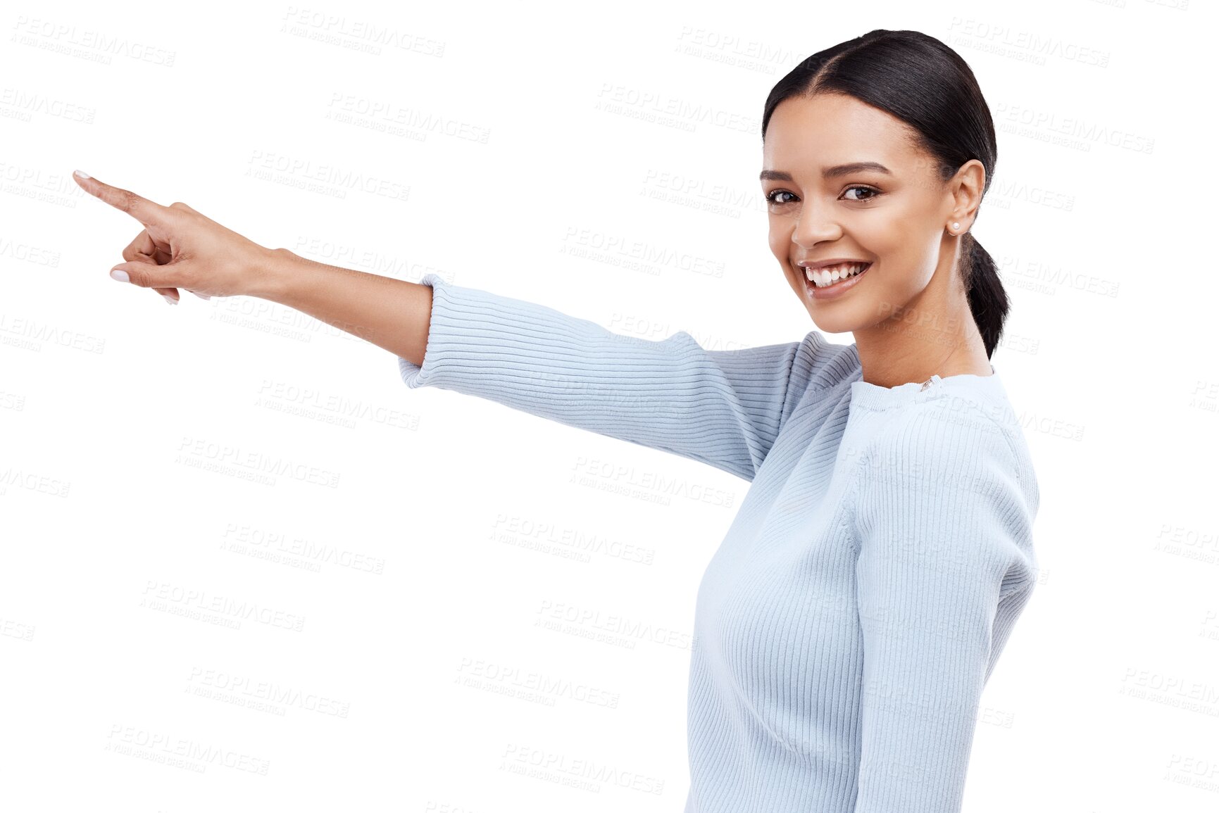 Buy stock photo Pointing, portrait or happy woman with promotion, sales offer or discount deal isolated on png background. Transparent, smile or girl showing menu information, choice or advertising announcement 