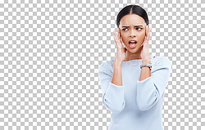 Shock, confused and face of woman upset with hands on head for advertising, copy space and bad news in studio. Emoji reaction, mockup and isolated girl angry, unhappy and surprise on white background