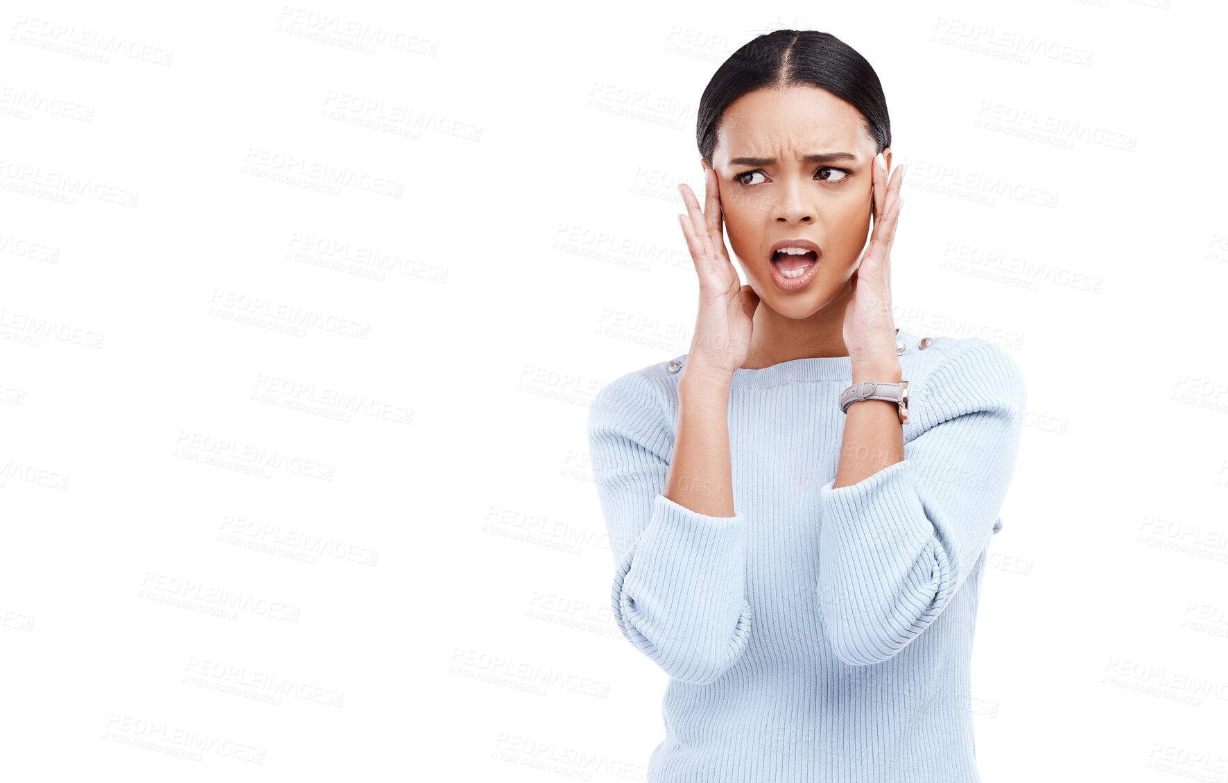 Buy stock photo News announcement, upset and woman shocked with notification, advertising and react to mistake, crisis or problem. Surprise, WTF and person gasp at gossip info isolated on transparent, png background