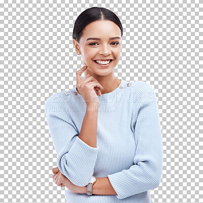 Portrait, thinking and smile with a woman on a white background isolated in studio while looking positive. Idea, happy and an attractive young female standing hand on chin for cheerful contemplation