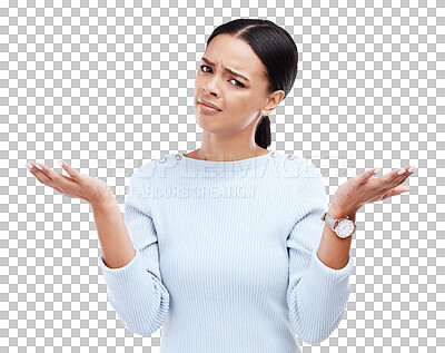 Buy stock photo Confused, doubt and portrait of woman shrugging for an unsure decision, choice or question. Face, emoji and female model with dont know or why facial expression isolated by transparent png background