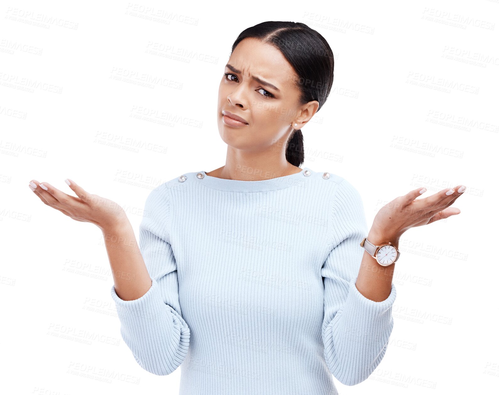 Buy stock photo Confused, doubt and portrait of woman shrugging for an unsure decision, choice or question. Face, emoji and female model with dont know or why facial expression isolated by transparent png background