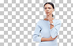 Thinking, confused and face of woman with mockup for advertising, product placement and copy space in studio. Emoji, thoughtful and isolated girl upset, unhappy and doubtful on white background