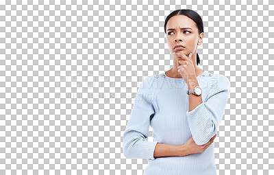 Buy stock photo Thinking, confused and face of woman in decision isolated on a transparent PNG background. Female person brainstorming in problem solving, doubt or choice for ideas, question or remember and memory