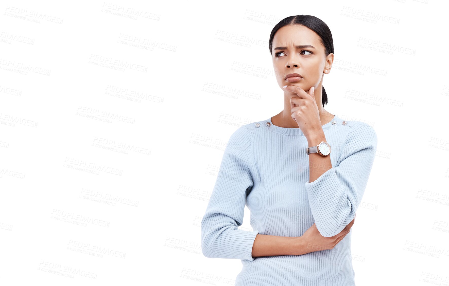 Buy stock photo Thinking, confused and face of woman in decision isolated on a transparent PNG background. Female person brainstorming in problem solving, doubt or choice for ideas, question or remember and memory