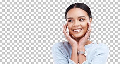 Buy stock photo Face, woman and happy for advertising, smile and react to discount deal, news announcement or notification. Happiness, promotion and person excited for sales isolated on transparent, png background