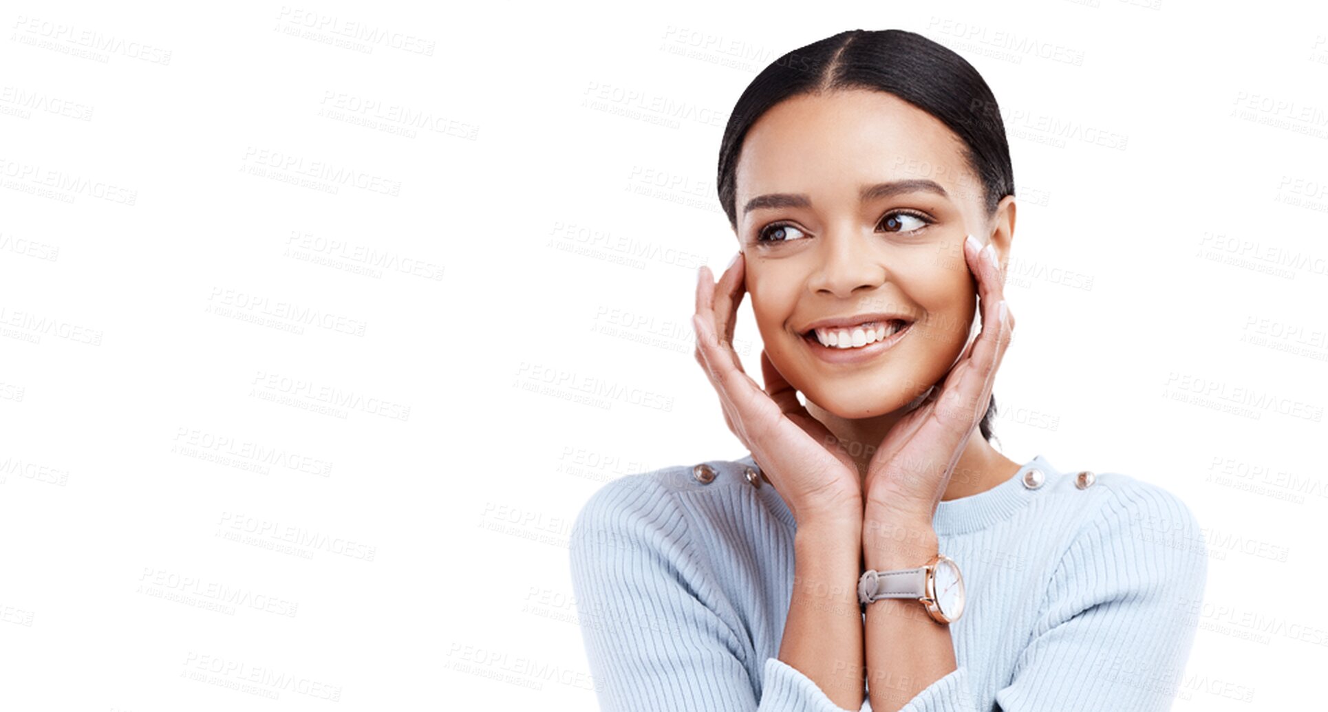 Buy stock photo Face, woman and happy for advertising, smile and react to discount deal, news announcement or notification. Happiness, promotion and person excited for sales isolated on transparent, png background