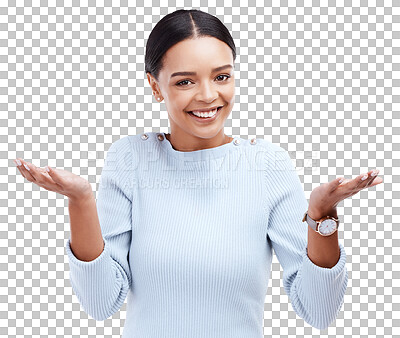 Portrait, smile and woman shrugging in studio confused, unsure and deciding against white background. Face, doubt and happy female with hands expression for doubt, choice or why reaction isolated