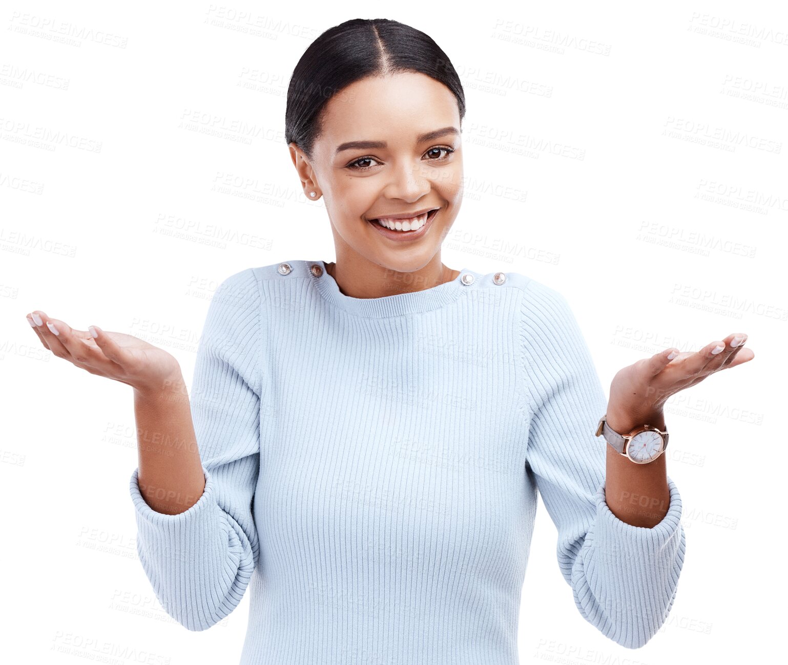Buy stock photo Happy, doubt and portrait of woman shrugging for a positive decision, choice or question. Face, smile and female model with dont know or unsure emoji expression isolated by transparent png background