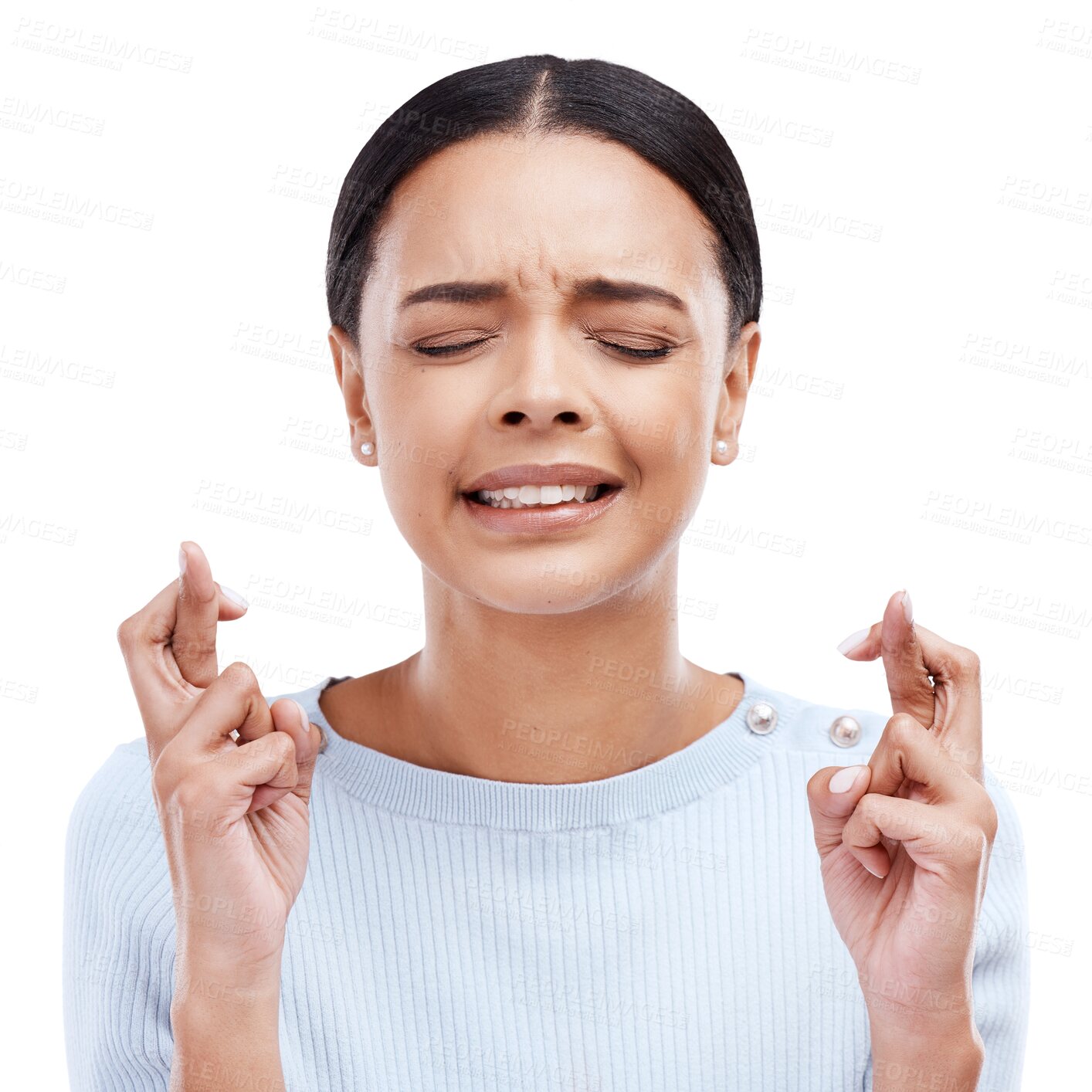 Buy stock photo Fingers crossed, hope and woman with fear or anxious isolated in a transparent or png background for a wish. Nervous, waiting and young female person with optimism hands or sign for lottery luck