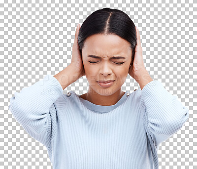 Stress, headache and hands of woman on head for anxiety, vertigo and brain fog on white background. Migraine, noise and female with sensitive ears, pain and hearing loss, damage or trauma in studio