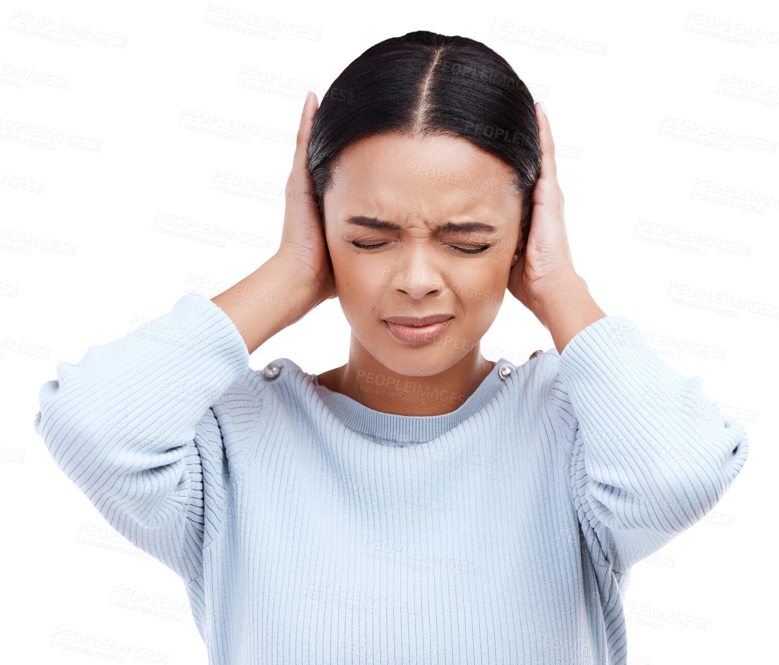 Buy stock photo Noise, headache and stress with face of woman on png for anxiety, frustrated and fear. Mental health, pain and problem with person isolated on transparent background for trauma, sacred and migraine