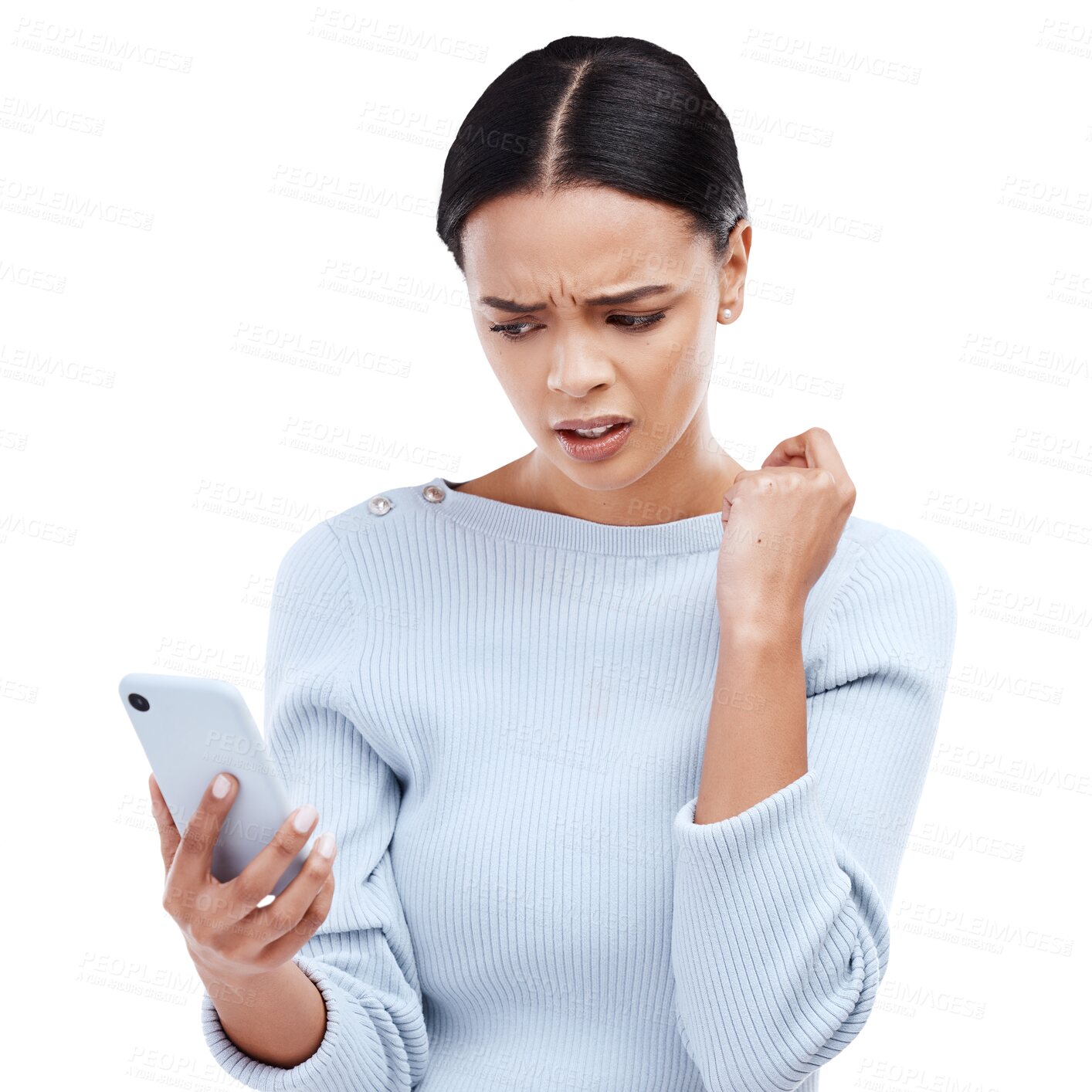 Buy stock photo Text, wtf and woman with confused face on isolated, transparent and png background. Stress, glitch and anxiety by female with phishing, scam or network delay, notification or 404 smartphone crisis