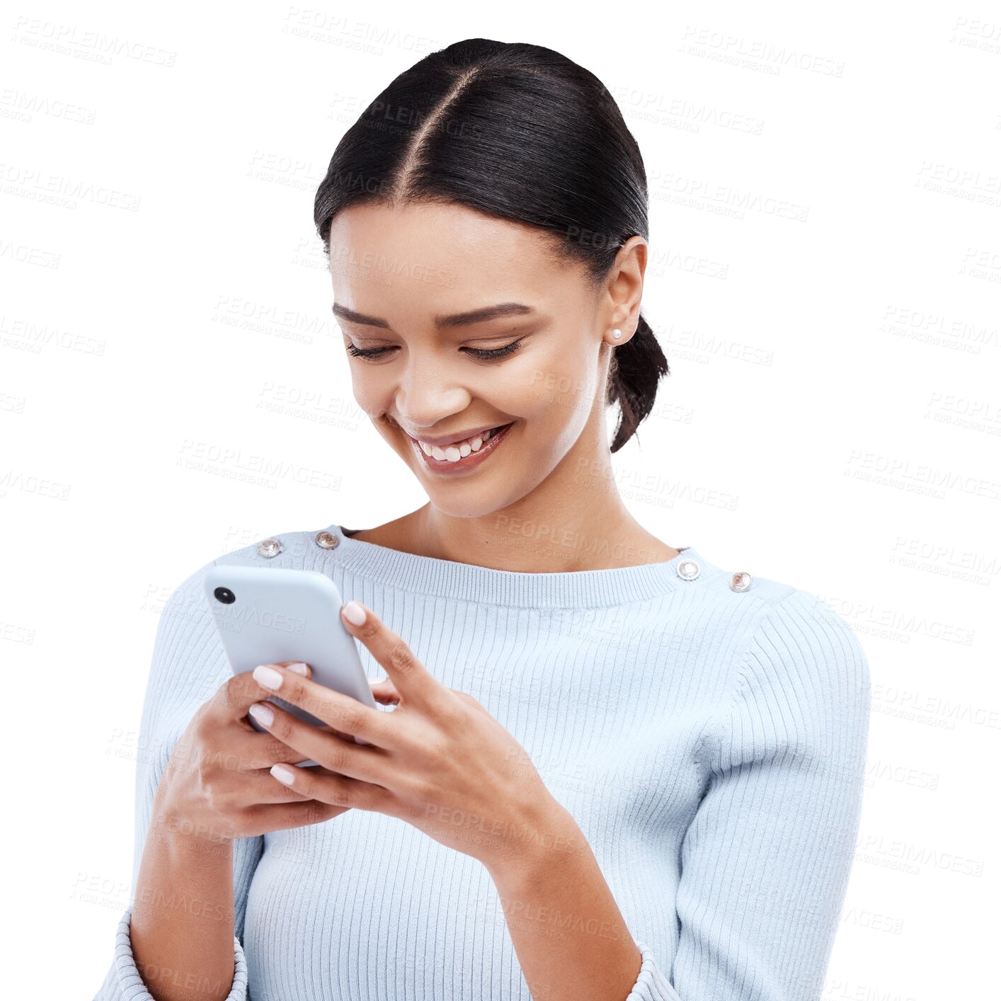 Buy stock photo Phone, typing or happy woman on social media isolated on transparent png background for funny meme. Smile, internet chat or person networking for communication or texting internet post on mobile app