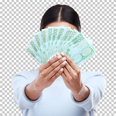 Euro money, hands and studio woman with lottery award win, competition giveaway or bonus cash payment. Finance trading bills, financial freedom or prize winner with person hidden on white background
