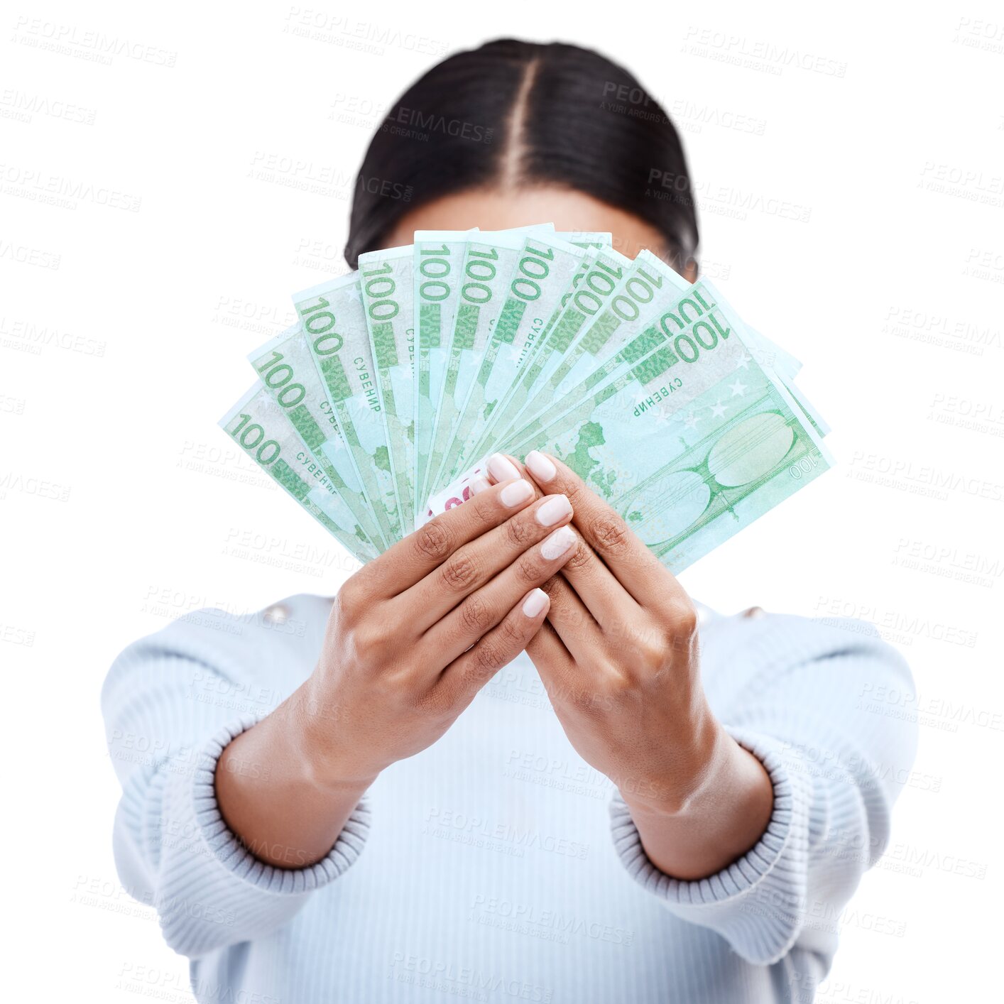 Buy stock photo Euro, finance and winner with woman and money on png for prize, success or investment. Wow, finance and bonus with person and cash isolated on transparent background for savings, profit or lottery