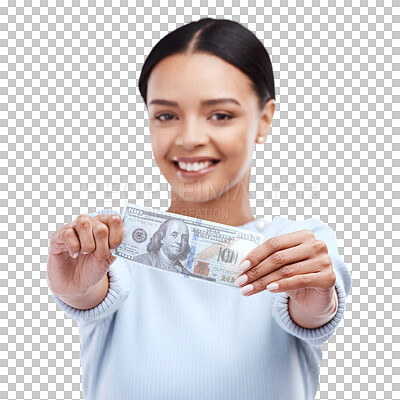 Buy stock photo Dollar, smile and portrait with woman and money on png for prize, success or investment. Wow, finance and bonus with person and cash isolated on transparent background for savings, profit or lottery