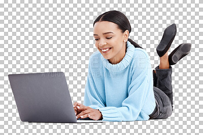Buy stock photo Laptop, relax and woman typing for online project on isolated, png and transparent background. Student, digital learning and happy female person with computer for research, studying and internet