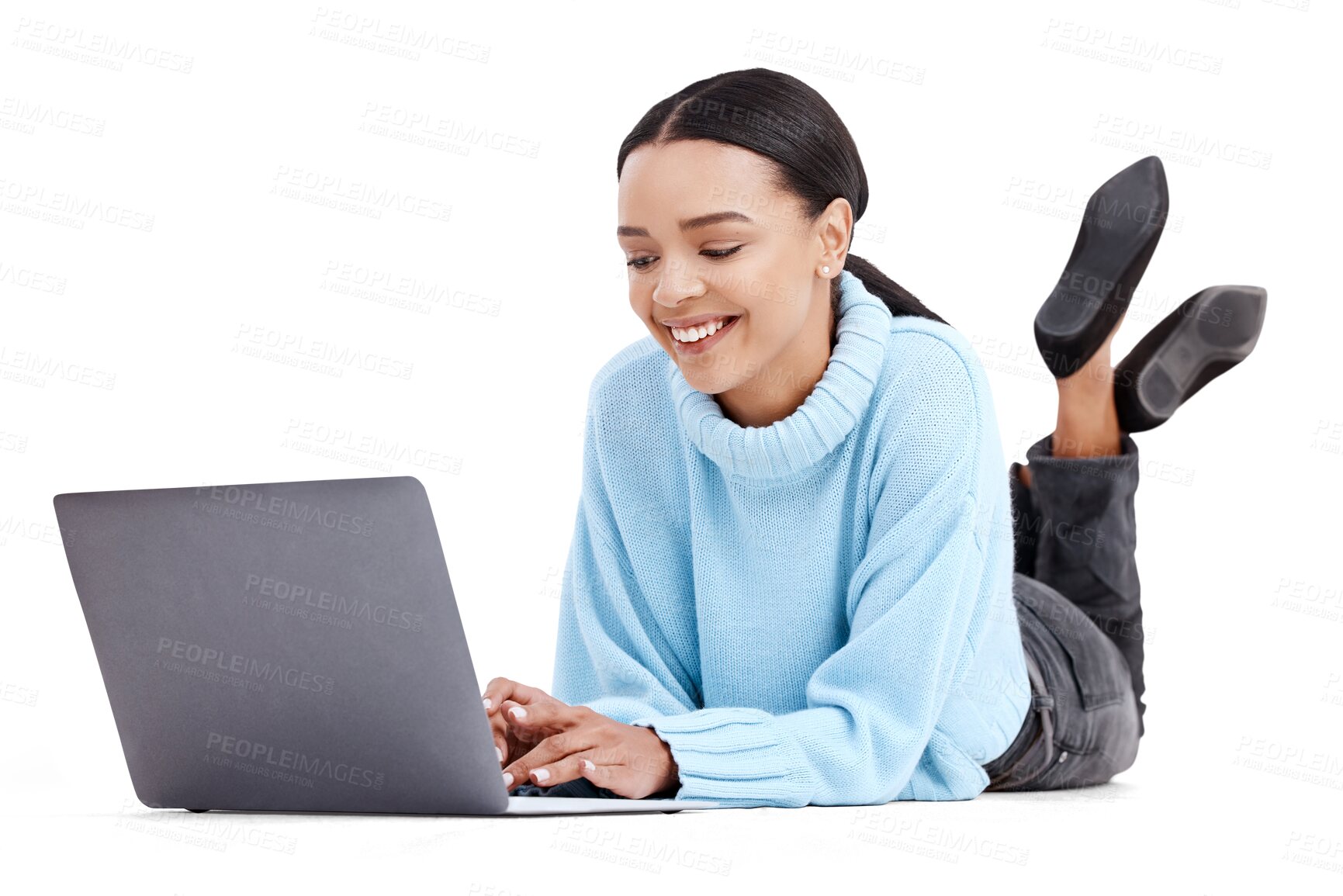 Buy stock photo Laptop, relax and woman typing for online project on isolated, png and transparent background. Student, digital learning and happy female person with computer for research, studying and internet