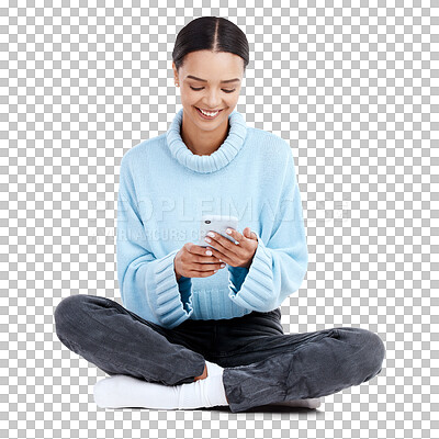 Happy, woman and typing on smartphone, white background and isolated studio for social media post. Female model texting on cellphone, download mobile app games and search digital network on floor