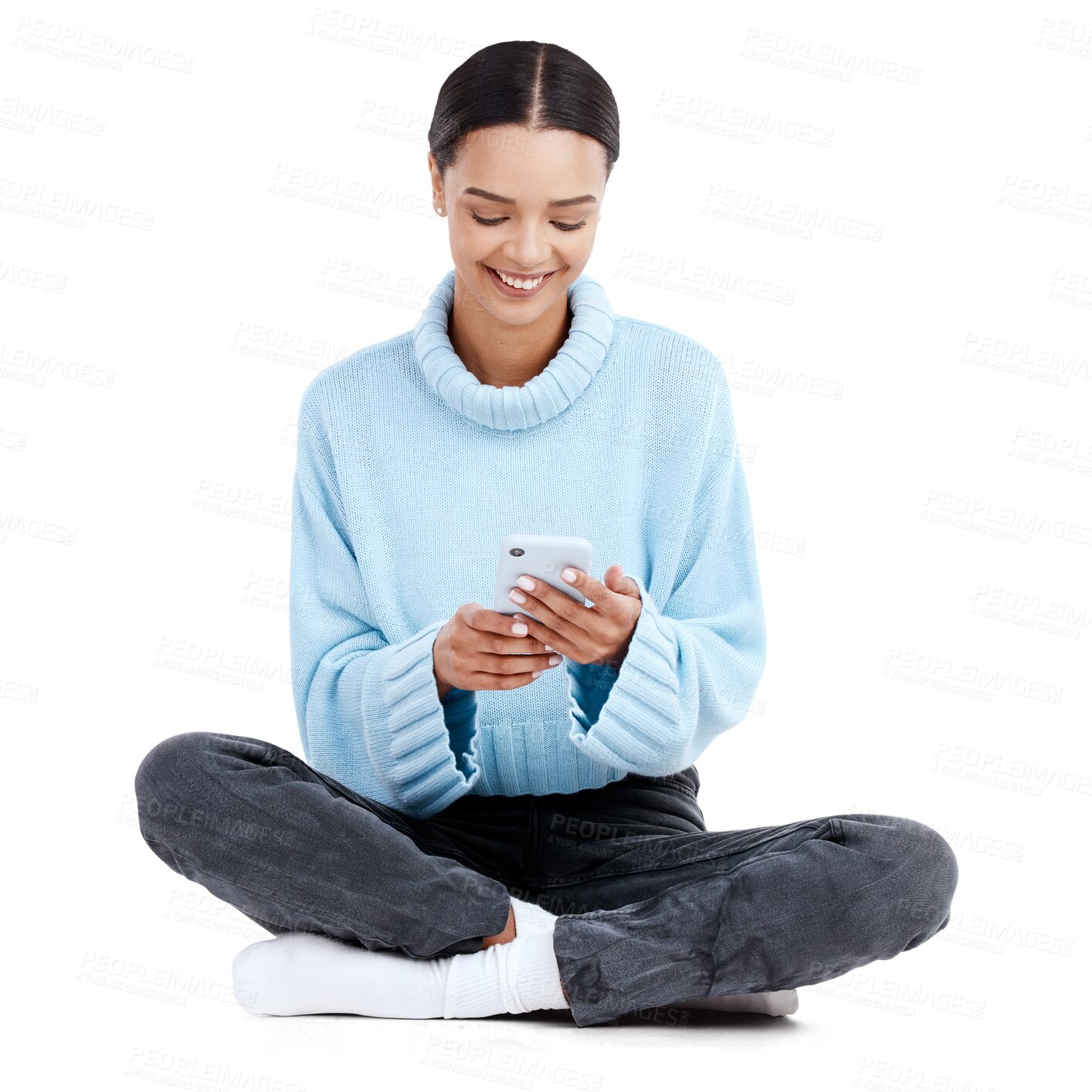 Buy stock photo Happy, typing and woman relax with phone with smile on isolated, png and transparent background. Connection, online chat and female person on floor with smartphone for social media, internet and meme
