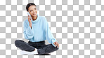 Phone call, relax and happy woman talking on studio conversation, communication or discussion with cellphone contact. Mockup, mobile smartphone and gen z person speaking on white background floor