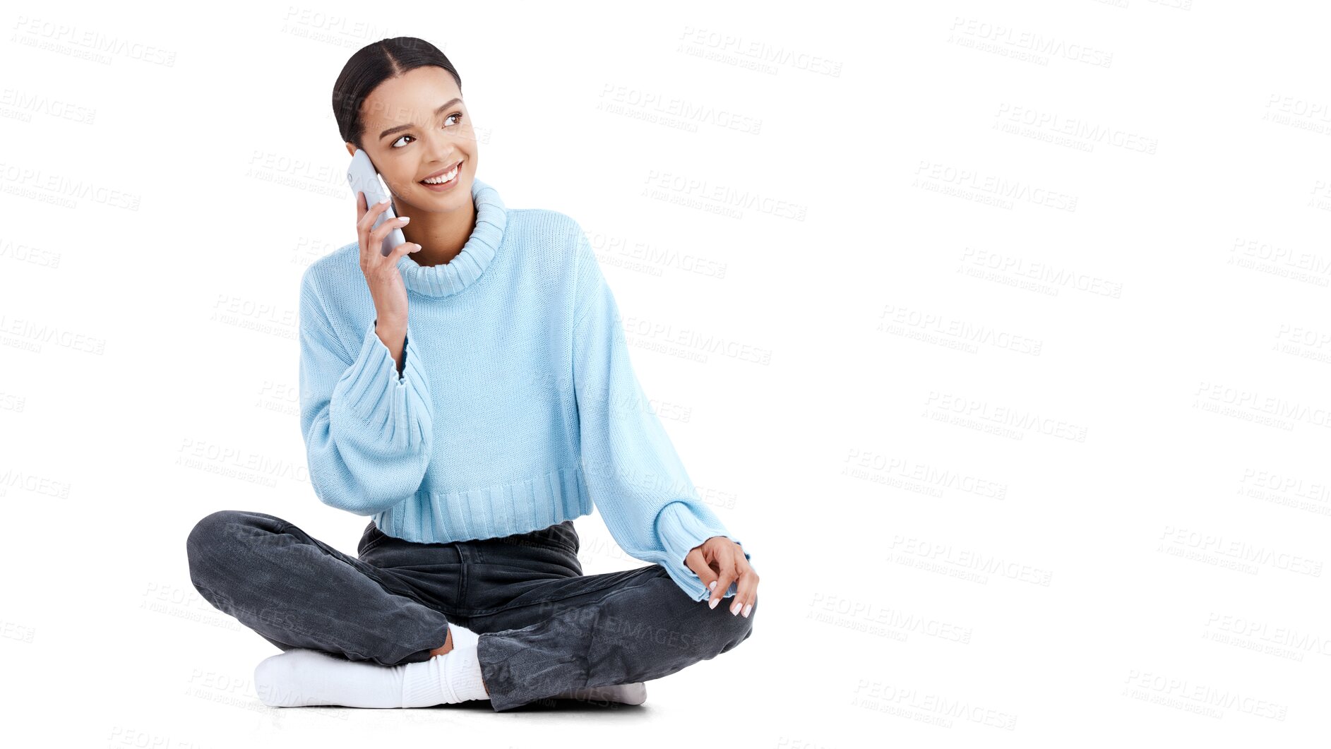 Buy stock photo Phone call, woman and happy for relax communication, conversation and smile for student news, announcement or notification. Advice, cellphone or talking person isolated on transparent, png background