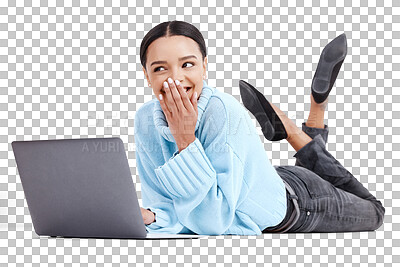 Studio, floor and woman with a laptop, smile and excited girl isolated on a white studio background. Female model, happy or person with device, connection or communication with joy, funny or cheerful