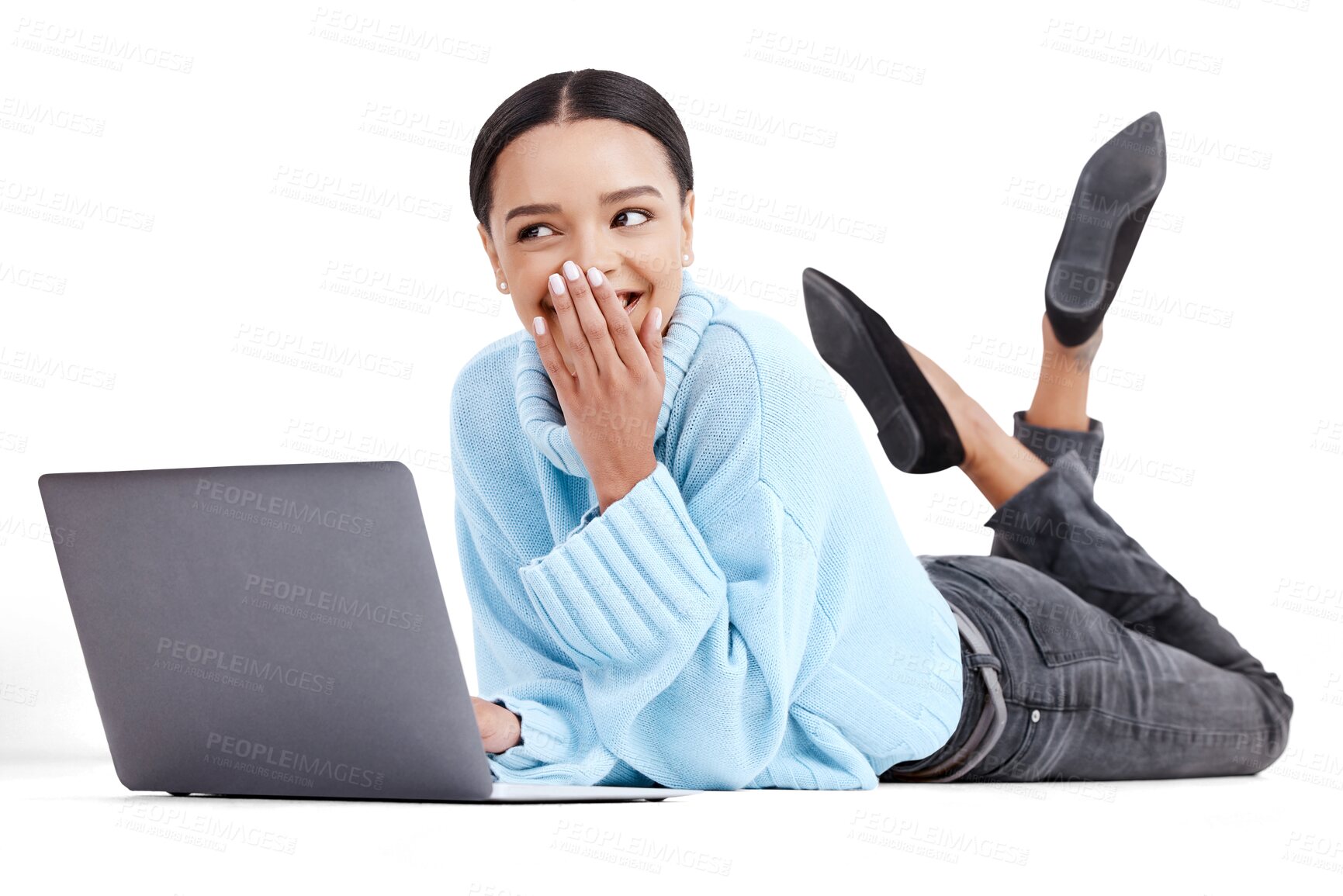 Buy stock photo Laptop, laughing and woman relax online for website on isolated, png and transparent background. Student, digital learning and happy female person on computer for research, project and internet