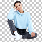 Portrait, fashion and casual with a woman sitting on the floor in studio isolated on a white background. Smile, contemporary style and clothes with an attractive young female person looking happy