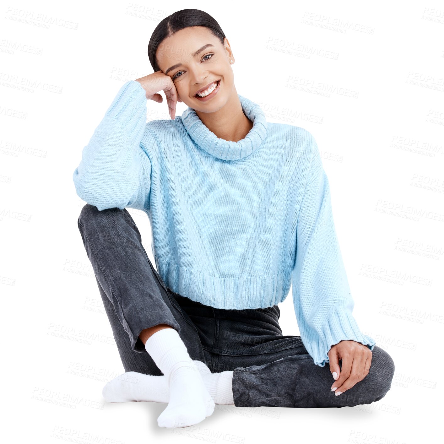 Buy stock photo Happy woman, portrait and fashion sitting in relax isolated on a transparent PNG background. Attractive, friendly and young female person smile in casual clothing, contemporary style and happiness