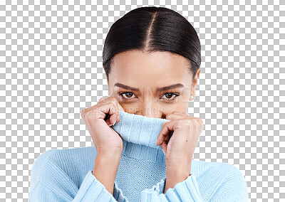Buy stock photo Shy, portrait and woman covering face from secret news, gossip or drama on isolated, transparent or png background. Eyes, embarrassed and female introvert with flirt gesture, reaction or personality